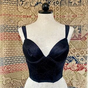 Vintage Olga Bustier Longline Black Bra 36B 1980s 80s Lingerie Crop Push Up